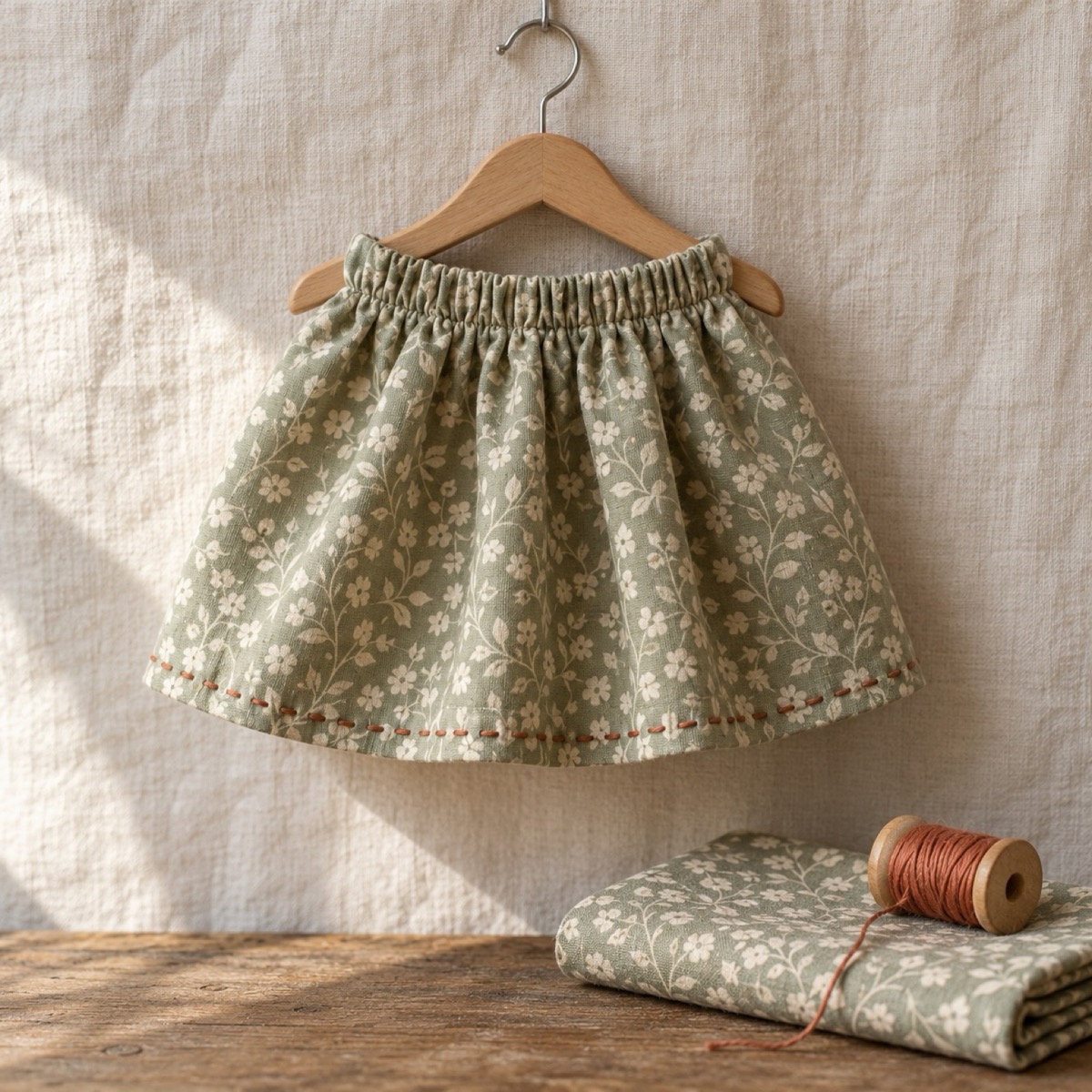 A handmade doll skirt in a soft cotton print on a table