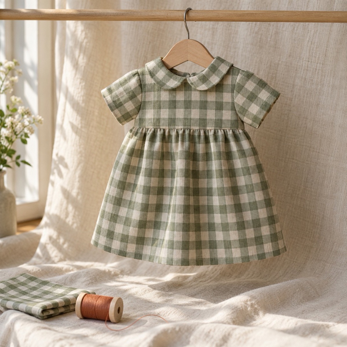 A handmade everyday doll dress hanging on a small wooden hanger
