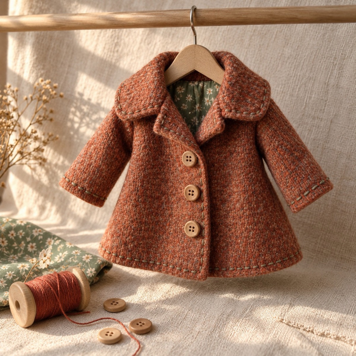 A stitched doll winter coat with little buttons, made from fabric scraps