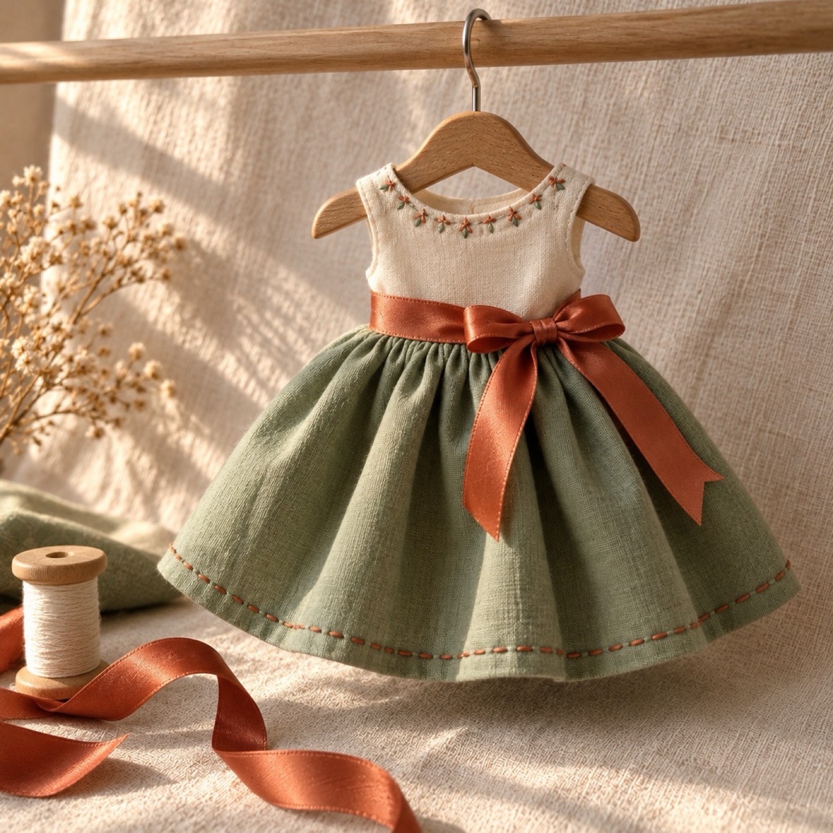 A doll party dress with a full skirt, stitched by hand