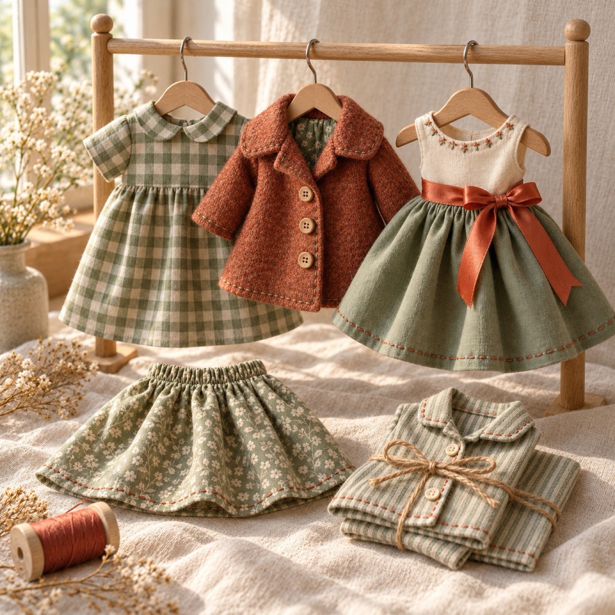 A mini doll wardrobe set with several stitched outfits on tiny hangers