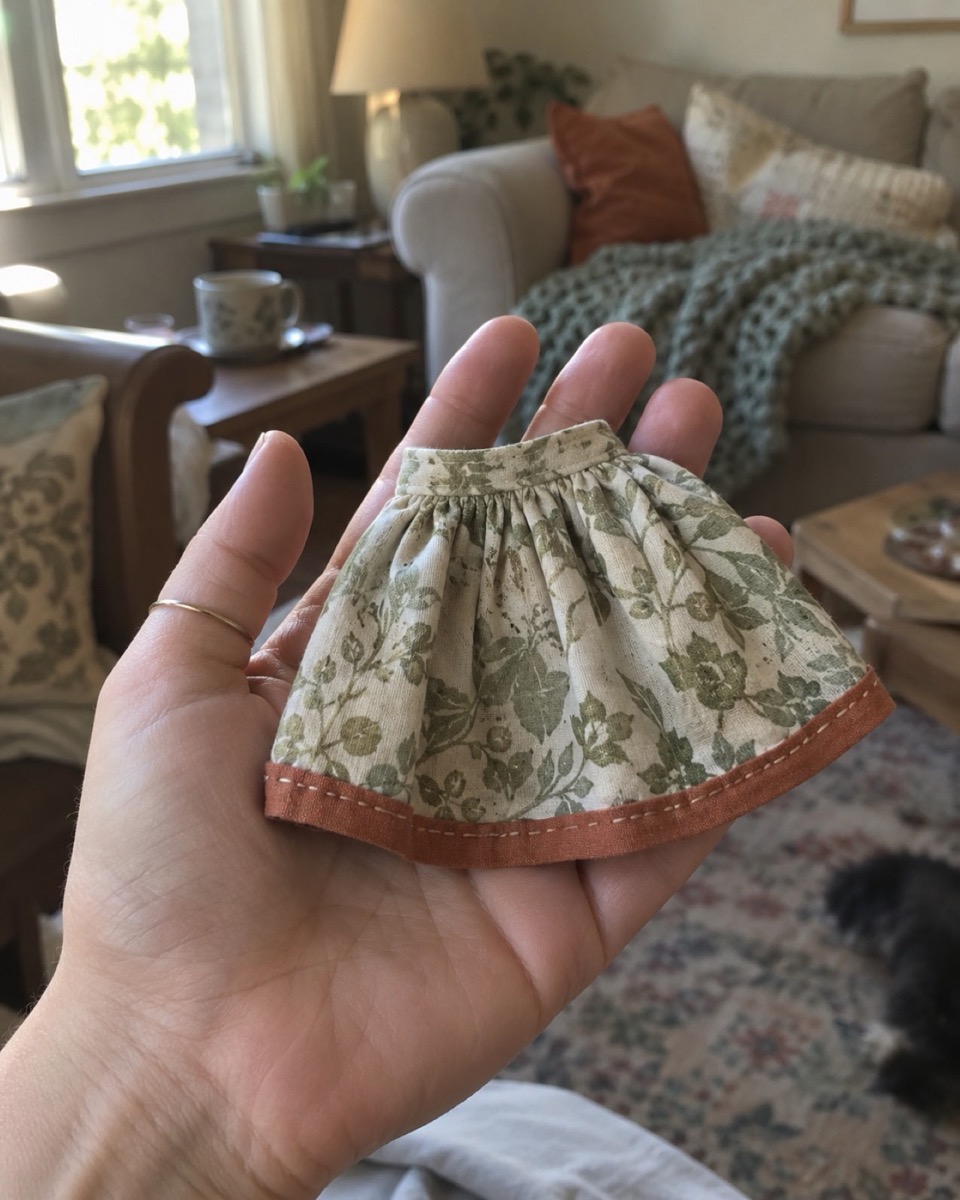 A finished doll skirt folded on a kitchen table beside thread