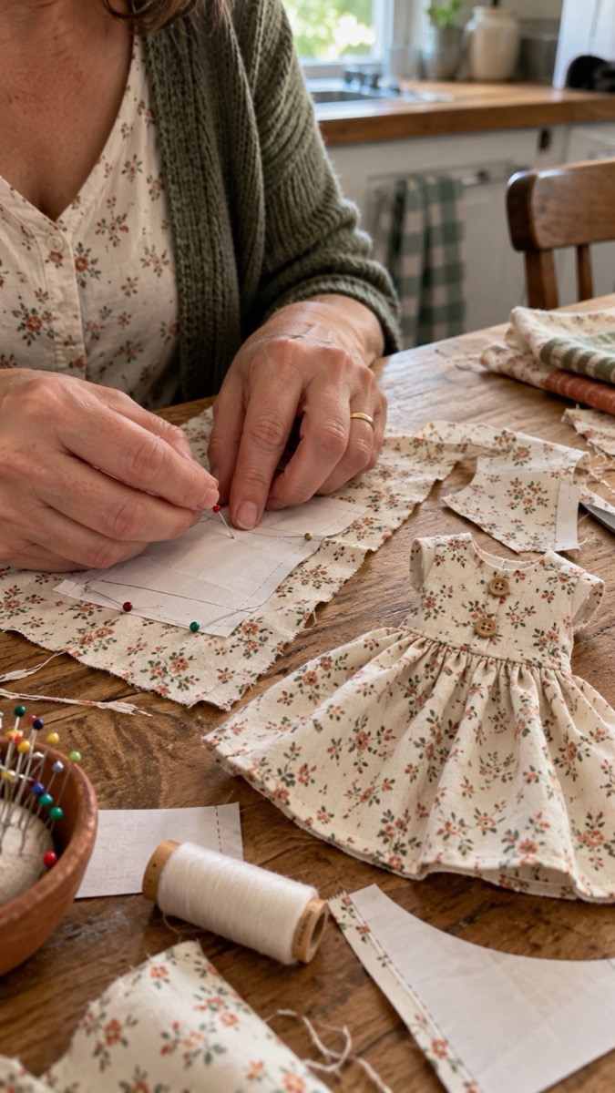 Hands pinning a paper pattern to fabric beside a finished doll dress on a kitchen table