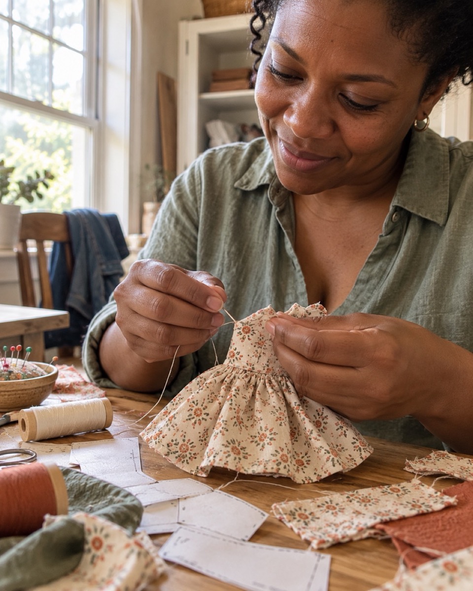 A woman pinning a doll dress pattern to fabric at a sunny kitchen table with a cup of tea
