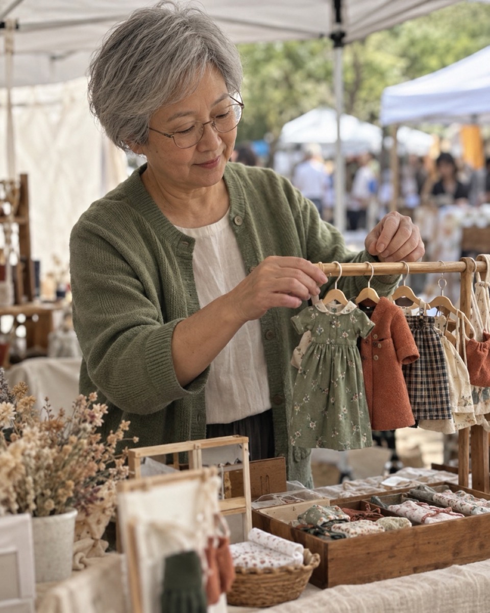 Woman arranging small handmade doll outfits on a craft fair table
