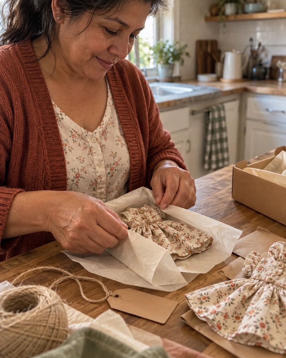 Wrapping a small doll dress in tissue paper, ready to sell
